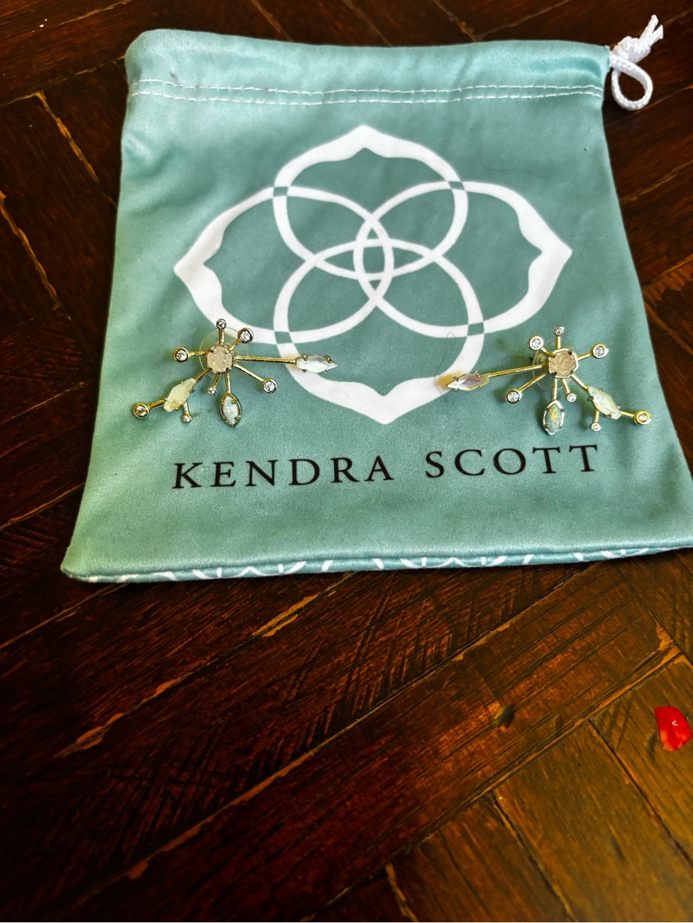 Kendra Scott Gold Earrings with Teal and Clear Accents